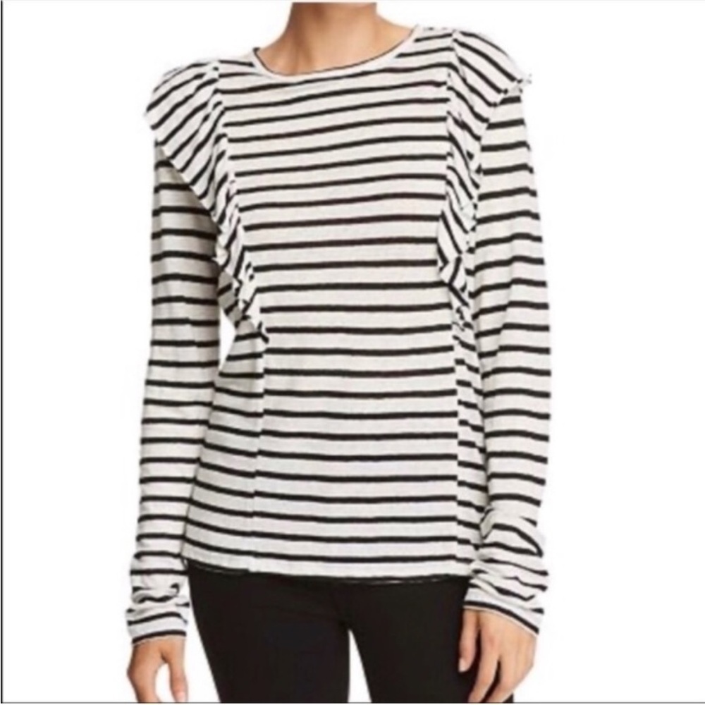Frame Striped Linen Long Sleeve Ruffle Top Small